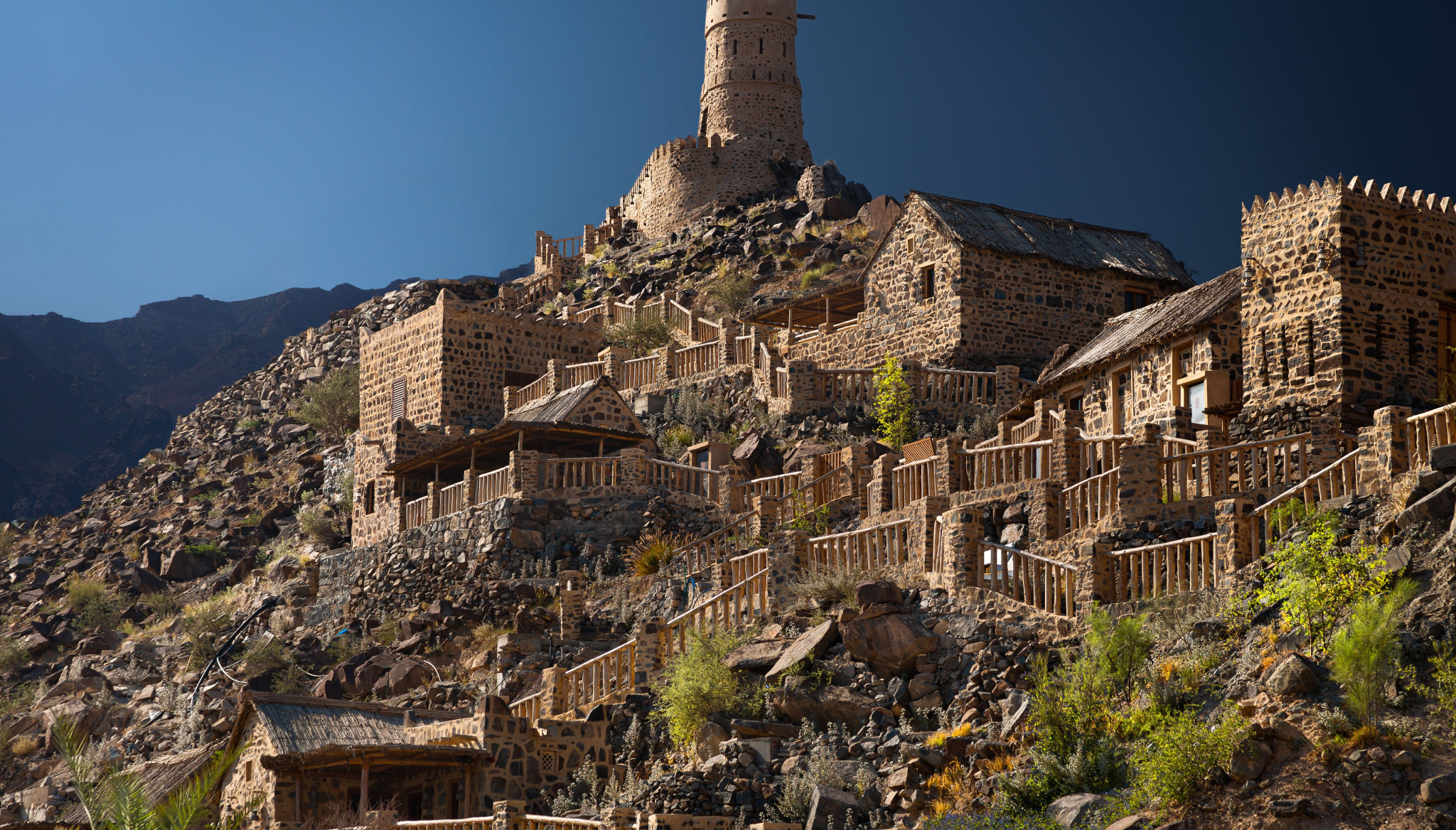 View of Khorfakkan’s traditional stone buildings in Sharjah.
